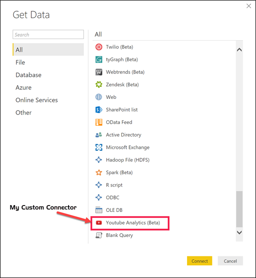 How a Custom Connector will show up in the 'Get Data' Window