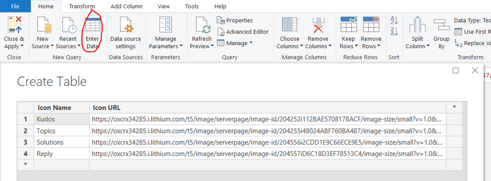 In the Power Query Editor, click Enter Data, then fill in the table
